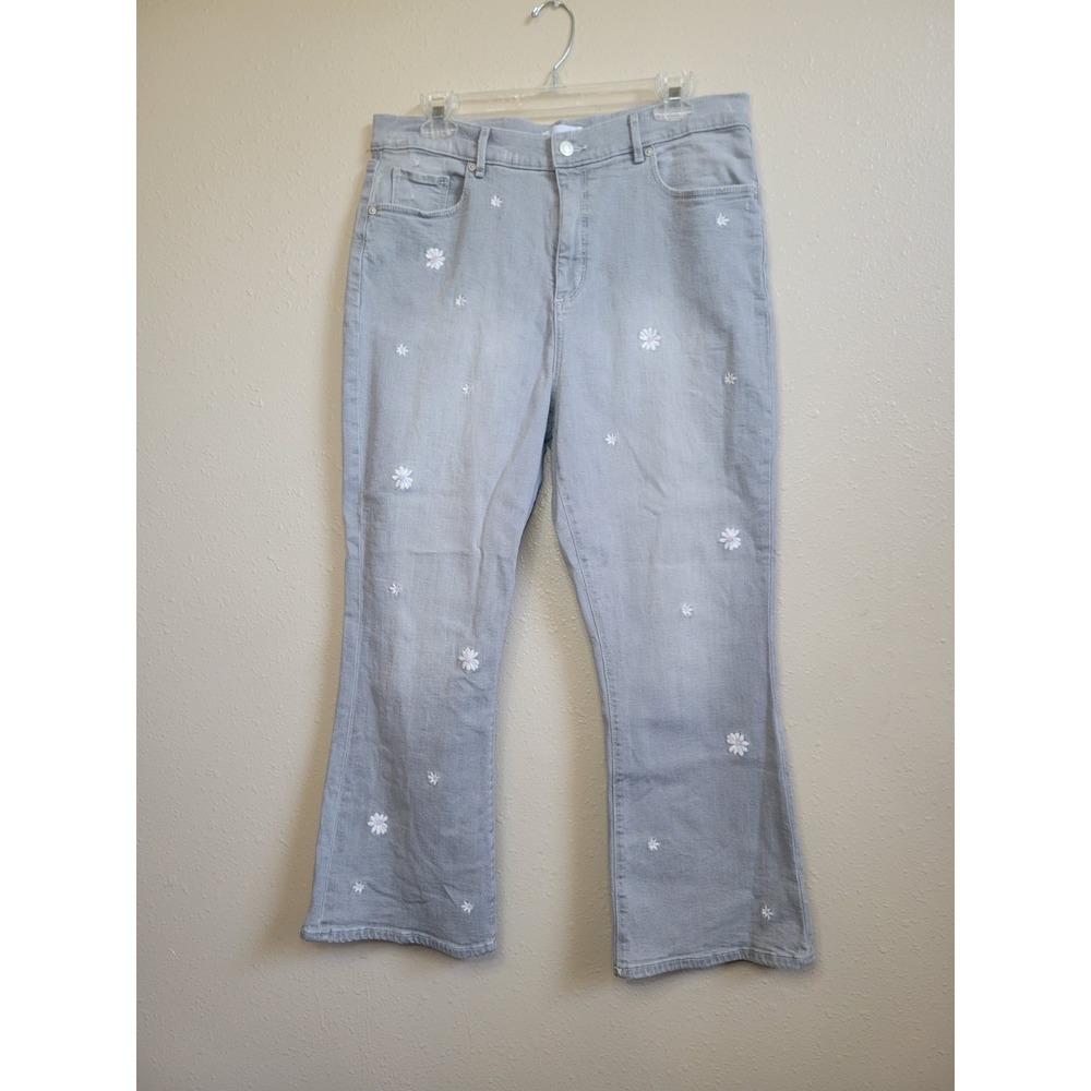 Loft Jeans Women Gray Embroidered Floral Bootcut Flare Kick Crop Sz 14/32